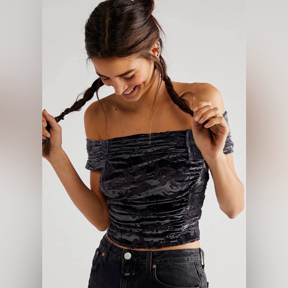 Free People Joni Black and Gray Off the Shoulder Velour burnout top size medium